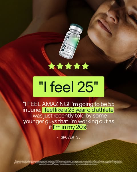 AgelessRx Meta ad: a hand holding a labelled Glutathione vial, a five-star rating, the quote 'I feel 25,' a testimonial from Grover S., and 'Glutathione Starting at $99' beneath a Trustpilot badge.