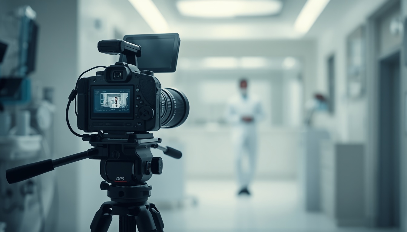 PELORA Marketing video production setup inside an aesthetic clinic, cinema camera and soft lighting, premium aesthetic.