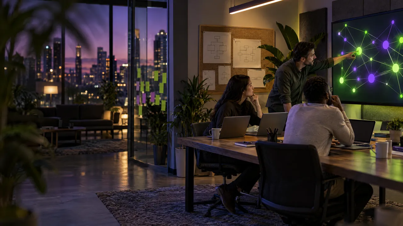 AI-generated illustration: a marketing team at dusk plans around a wall screen showing a glowing network of linked points, with site-map sketches pinned behind them.