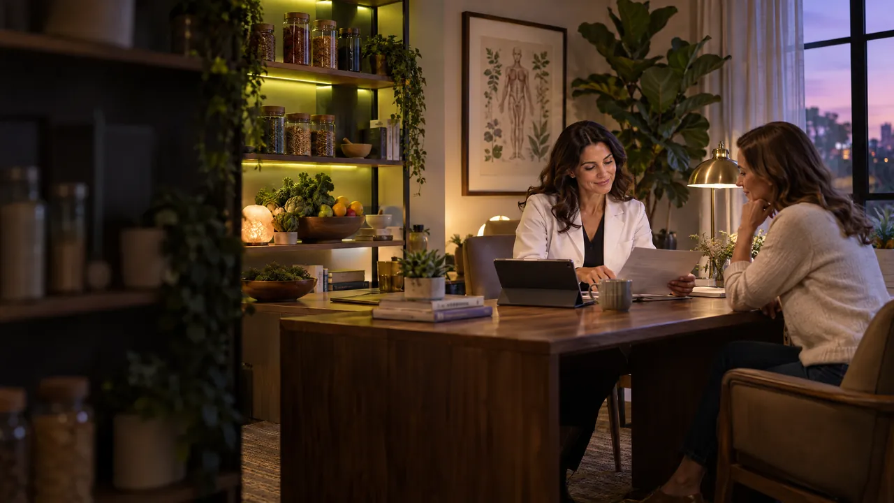 AI-generated illustration: a functional medicine practitioner and a patient review a lab report together in a warm consult room with herbs, fresh food and plants.