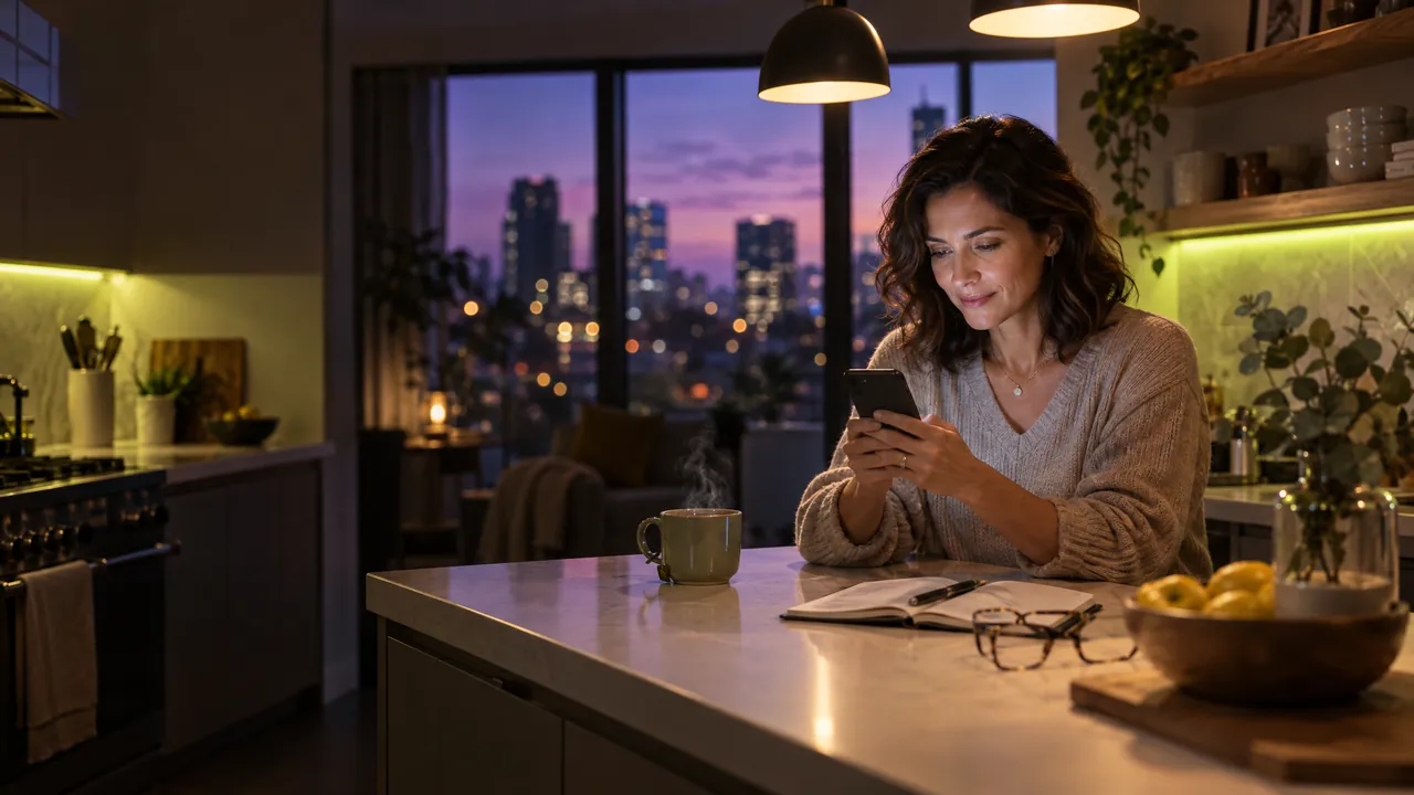 AI-generated illustration: a woman at her kitchen island at night searches on her phone, with tea, a planner and a city view behind her.