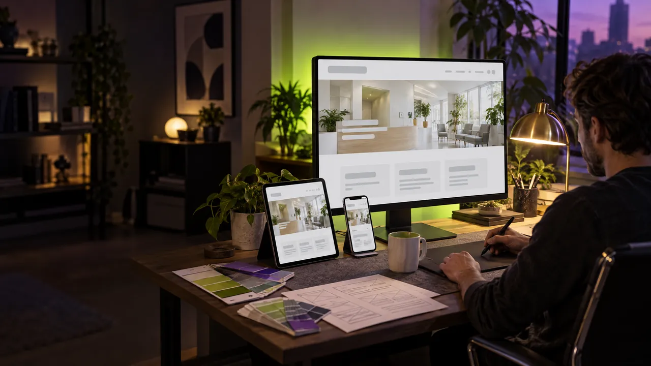 AI-generated illustration: a designer builds a clinic website shown on a monitor, a tablet and a phone, with color swatches and wireframe sketches on the desk.