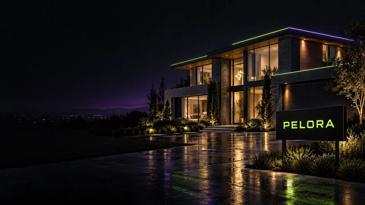 AI-generated illustration, not a real project: a newly built modern custom home at night, with a lit PELORA sign beside a wet driveway.