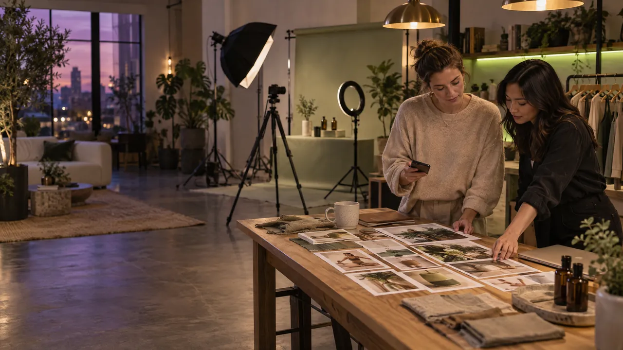 AI-generated illustration: two women at a wellness brand's photo studio review printed lifestyle ad photos and a phone, with lights, a camera and a product set behind them.
