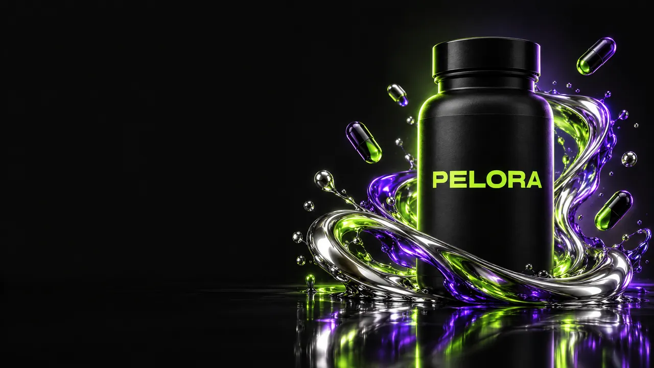 AI-generated illustration of a PELORA packaging concept, not a client product: a matte black supplement bottle labeled PELORA in swirling liquid chrome, with lime and violet fluid and floating capsules.