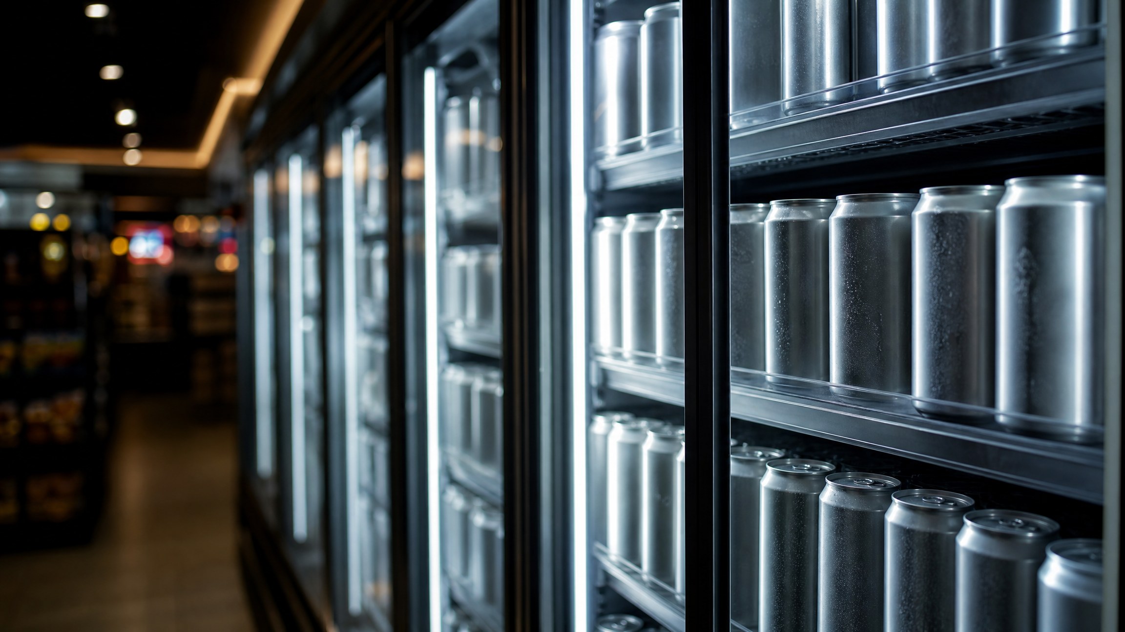 Refrigerated convenience store cooler stocked with energy drink cans, the channel where roughly 65 percent of US energy drink dollars are spent