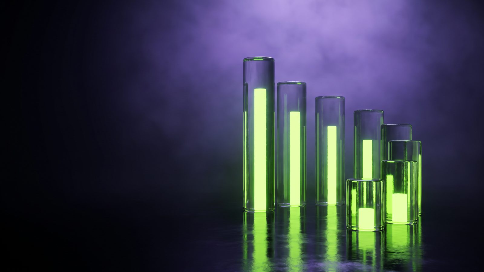 Glass pillars of different heights lit in electric green, an abstract sculpture about comparing ad costs across industries.