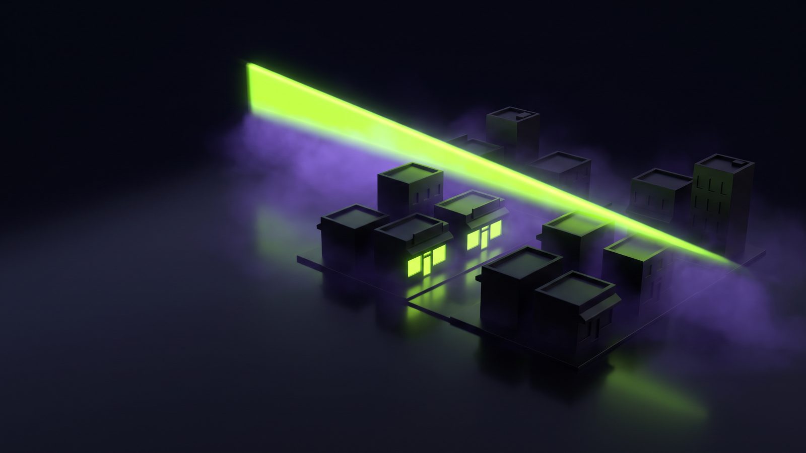 A miniature city of dark storefronts with one green scanning beam lighting only a few of them.