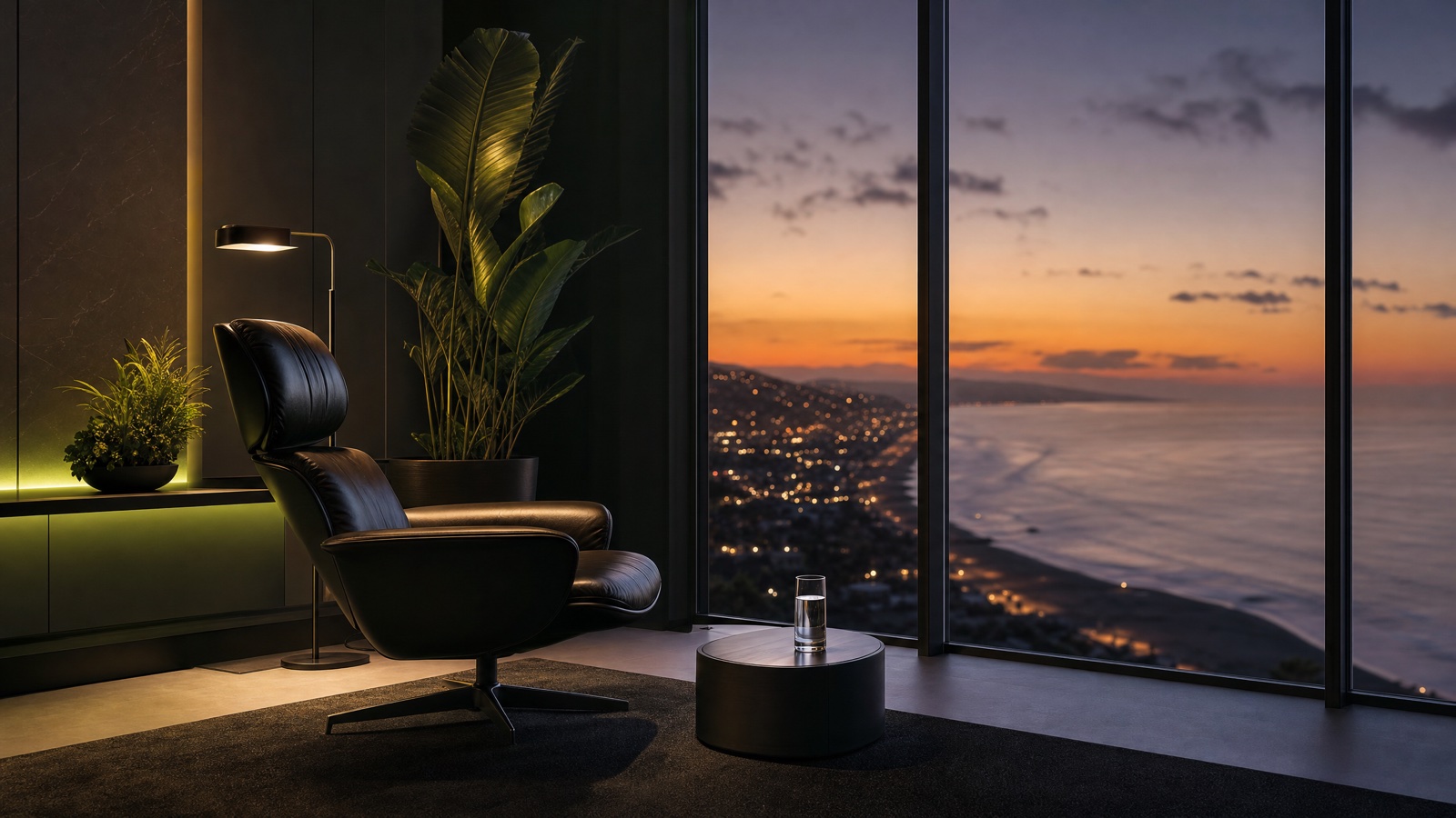 A calm, premium Orange County medical weight loss clinic consultation lounge, dark charcoal interior with lime accent lighting and a coastline view at dusk.