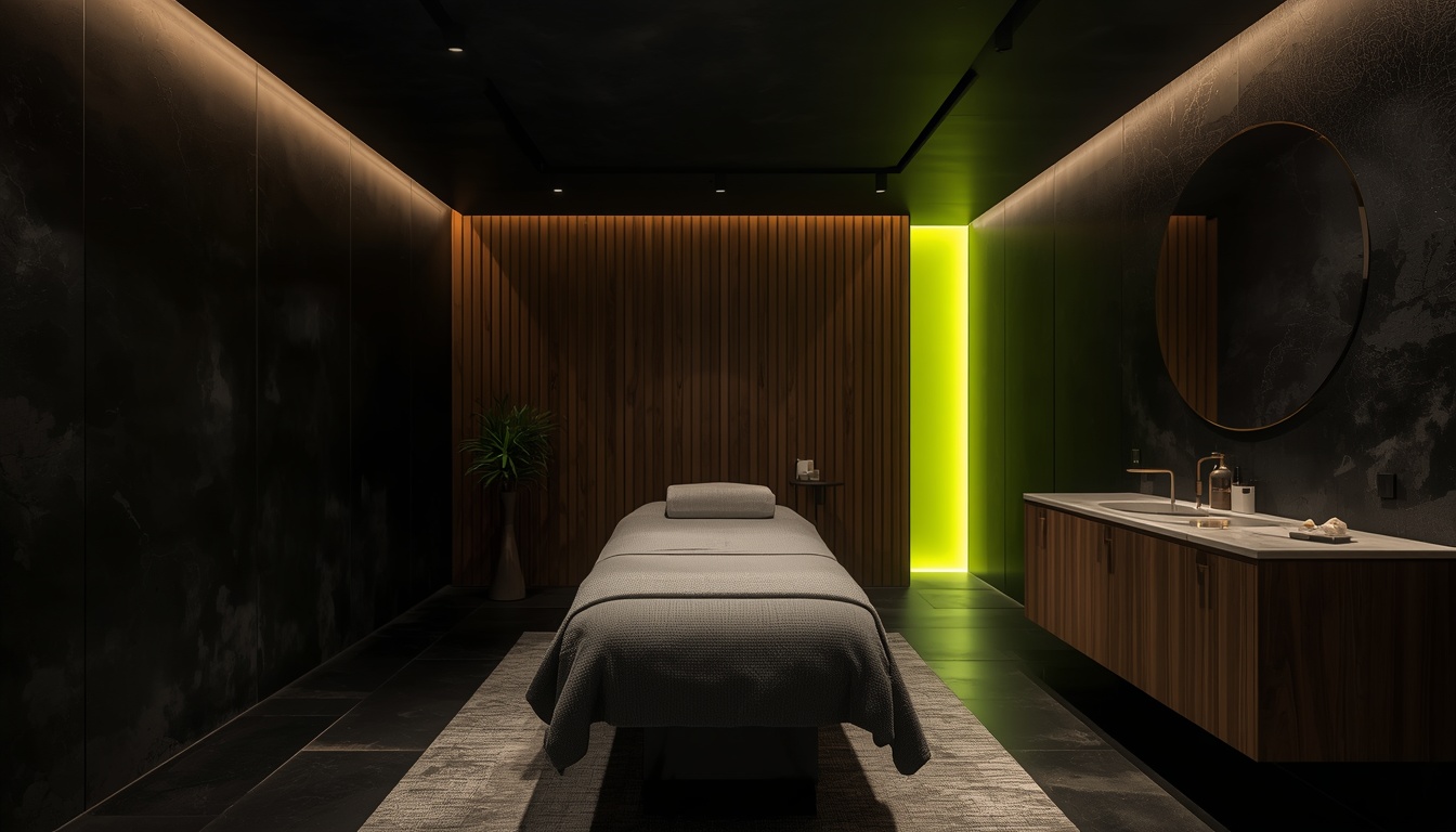 A luxurious Orange County medical spa treatment room, dark charcoal interior with warm wood and lime accent lighting.
