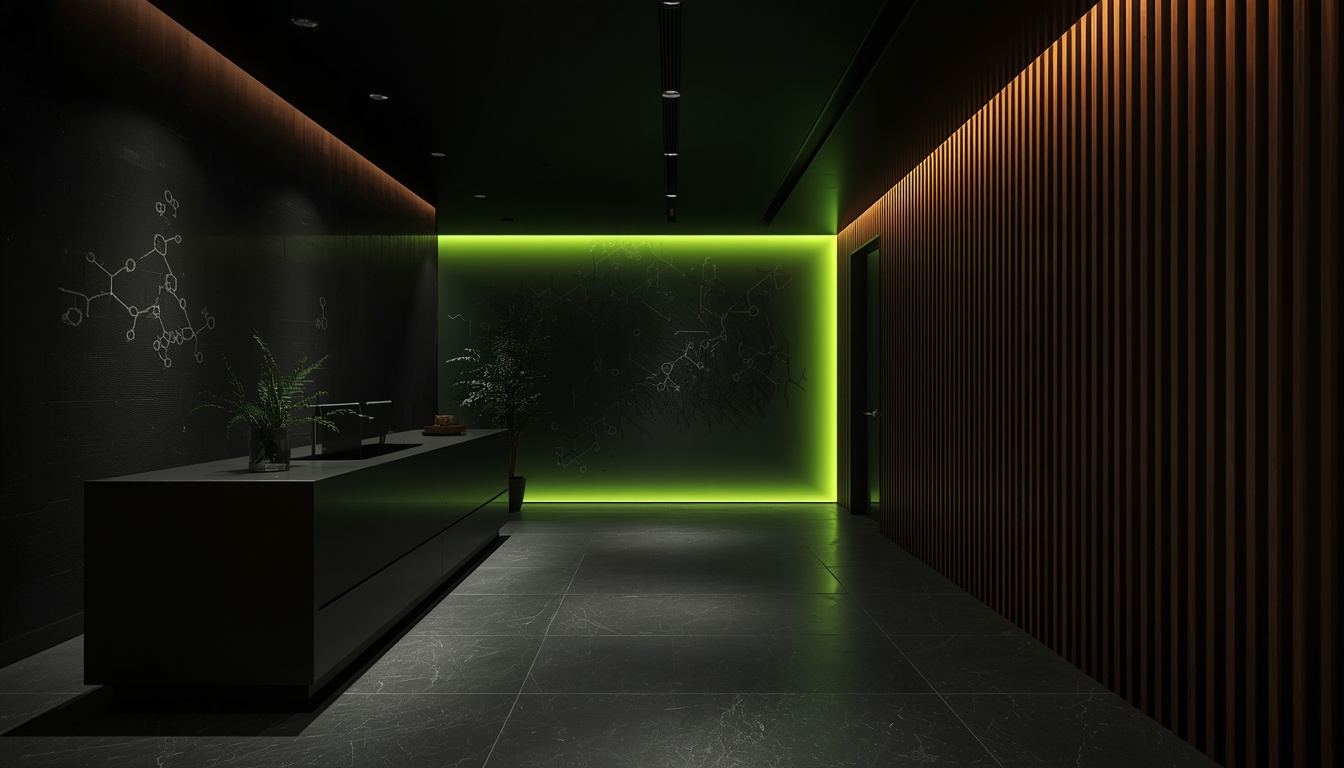 A premium Orange County men's health and hormone clinic, dark charcoal interior with lime accent lighting and molecular wall art.