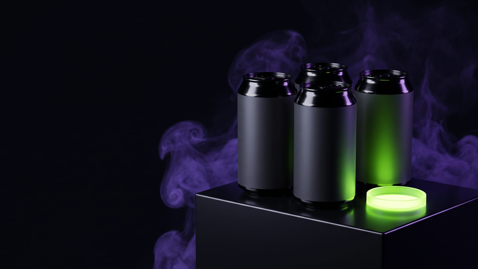 Four unlabelled drink cans on a black pedestal beside an empty spot glowing green, an abstract picture of a gap in the market.