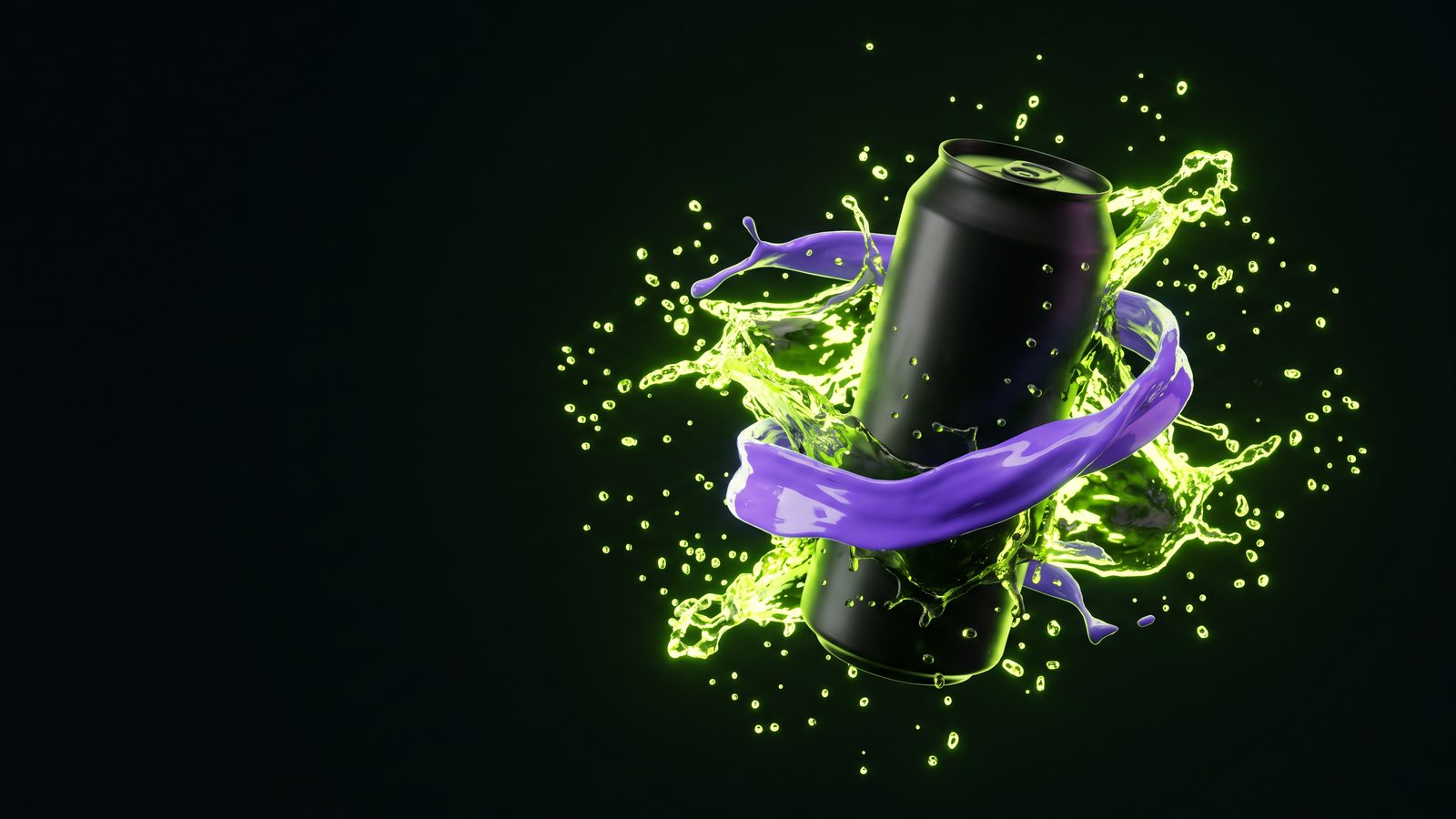 An unlabelled black drink can in a frozen splash of electric green liquid and violet paint.