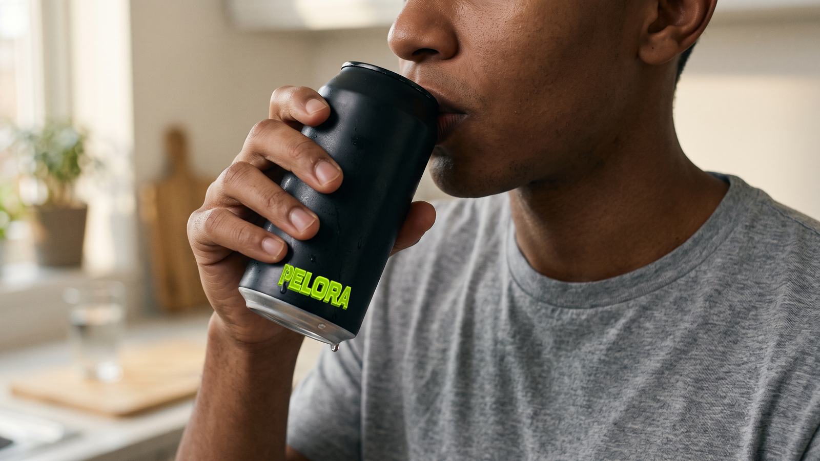 A person in an ordinary kitchen taking the first sip from a PELORA can, framed below the eyes. Concept render by PELORA.