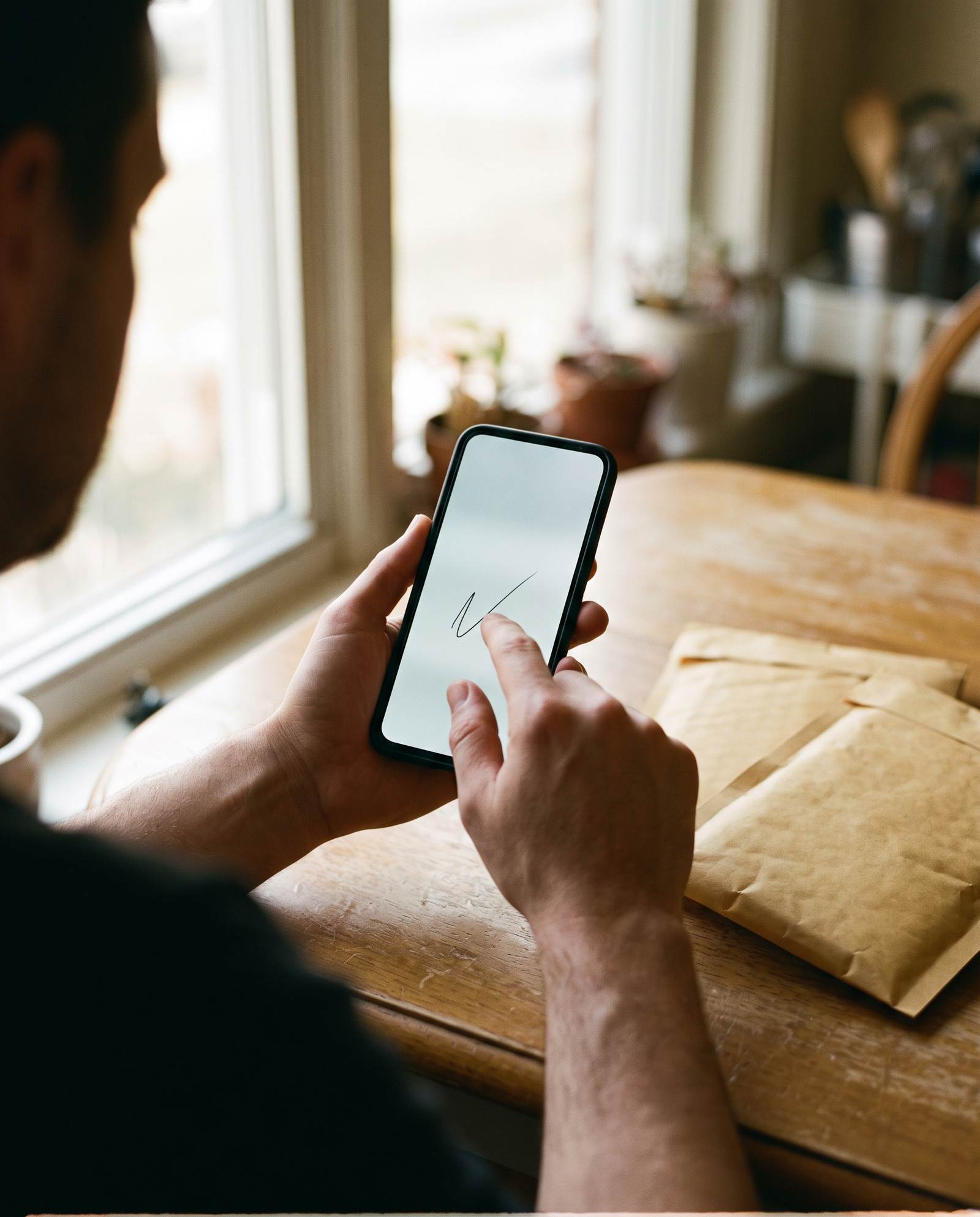 Hands signing with a fingertip on a phone screen, seen over the shoulder, with plain kraft mailers on the table. Concept render by PELORA.