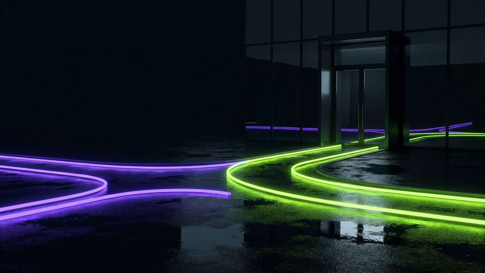 A crossroads on a wet black floor, one road glowing green and one violet, both leading to a men's health clinic.