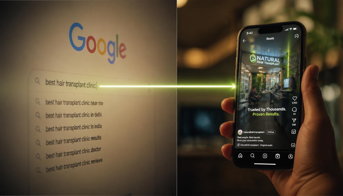 Google search bar capturing high-intent clinic queries on one side, iPhone scrolling an Instagram feed of clinic content on the other — the two platforms doing two different jobs.