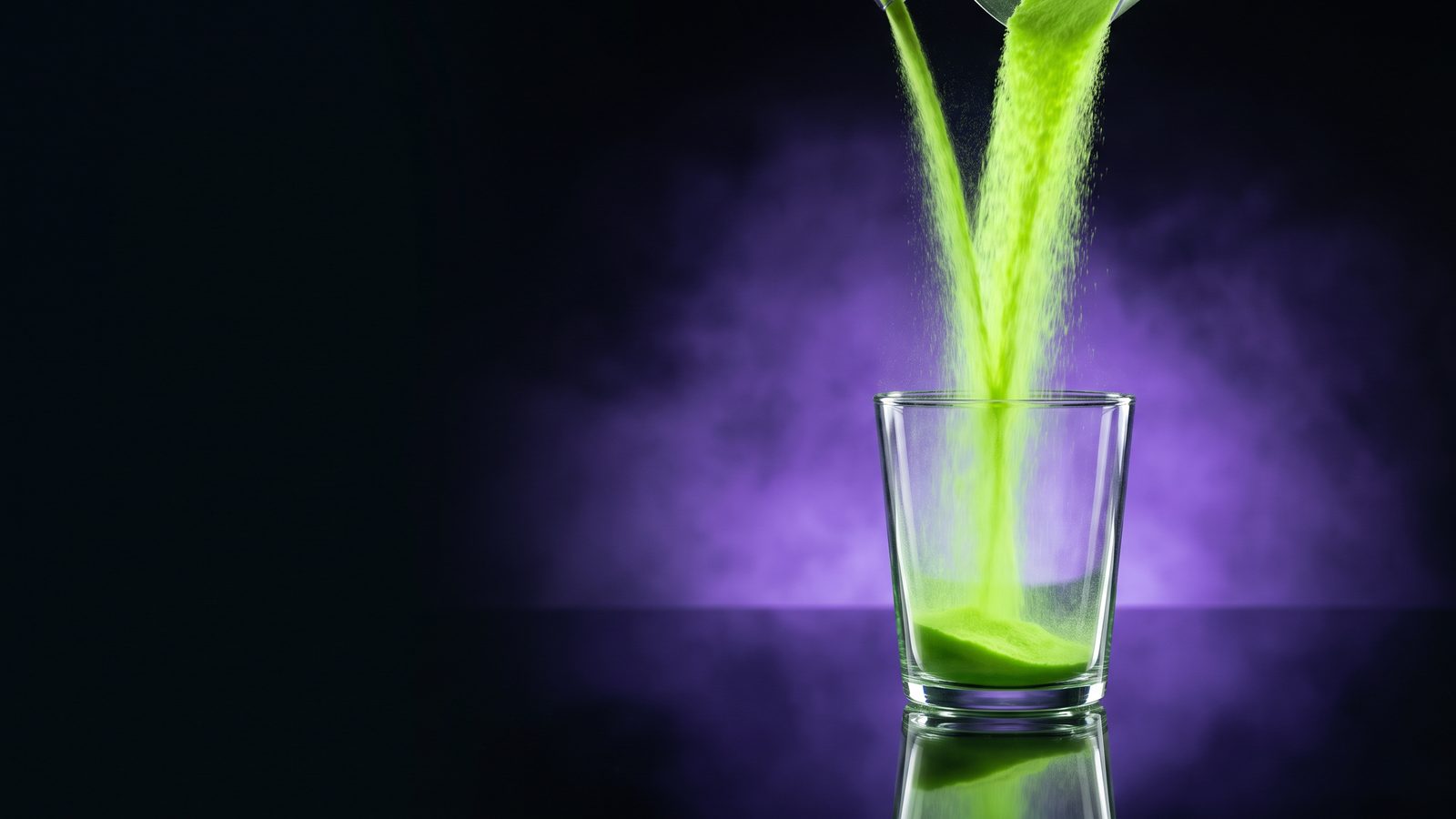 Green powder pouring into a clear glass, the falling stream forming the shape of a funnel.