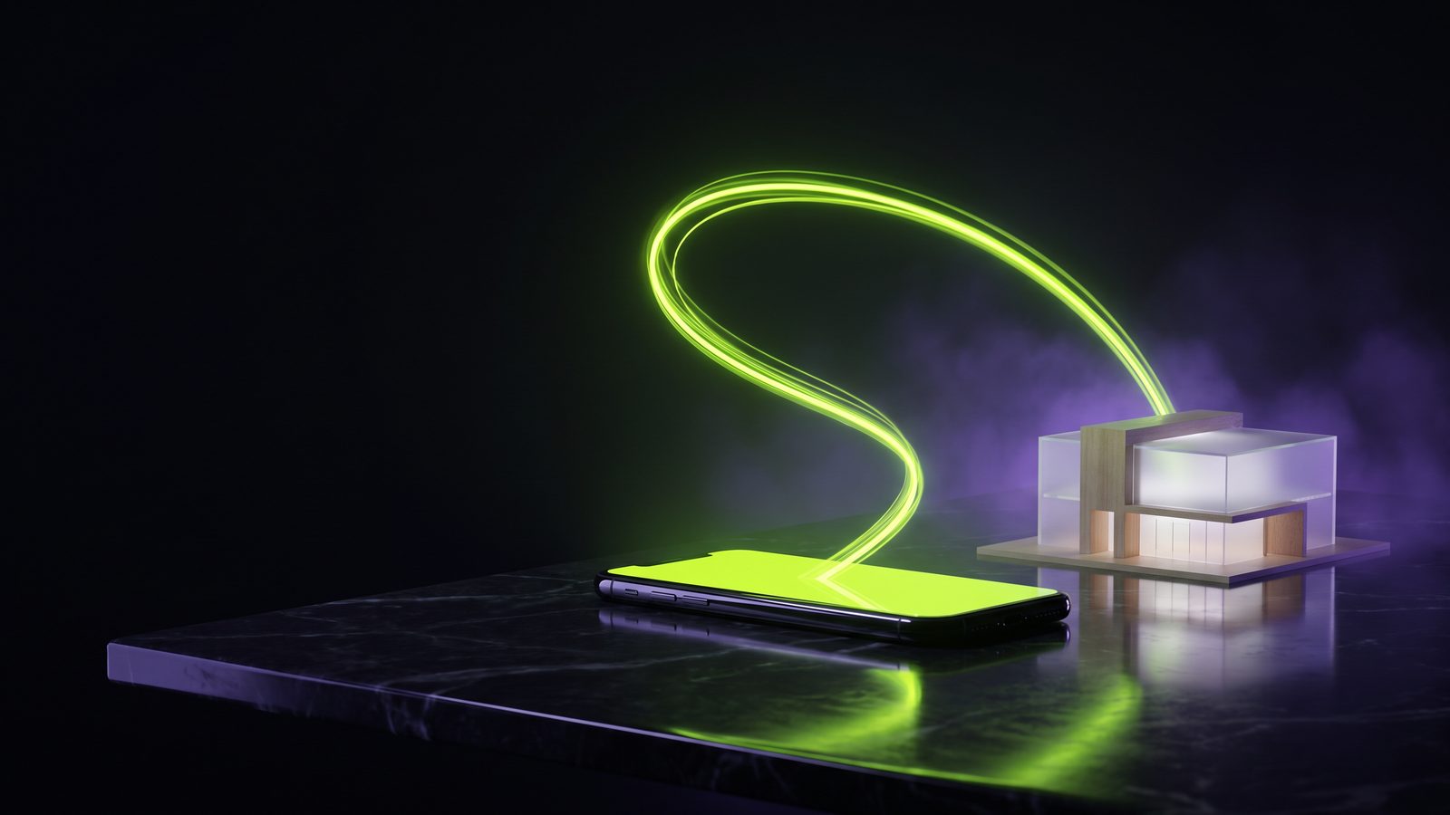 A smartphone on a dark table with a green light trail rising from it toward a small clinic building model.