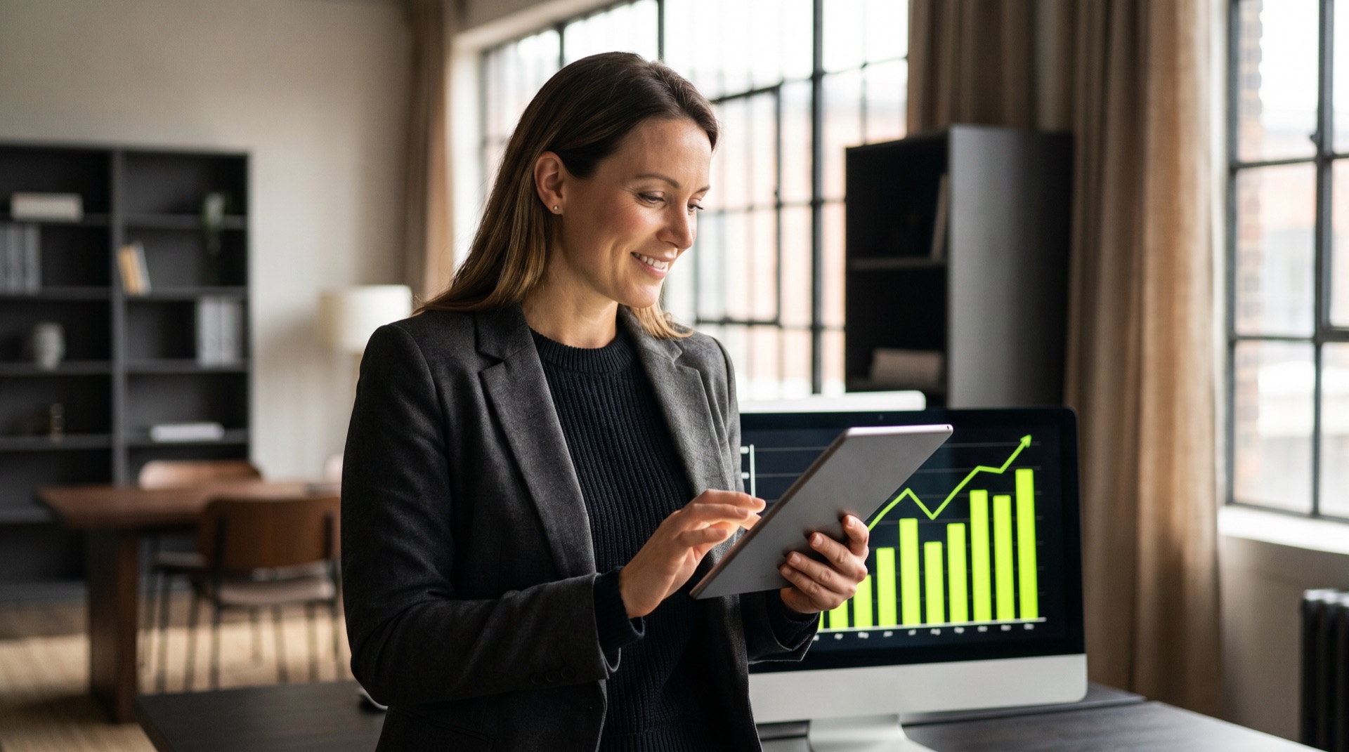 A local business owner reviewing marketing growth results on a tablet, lime green analytics on screen. PELORA Marketing.