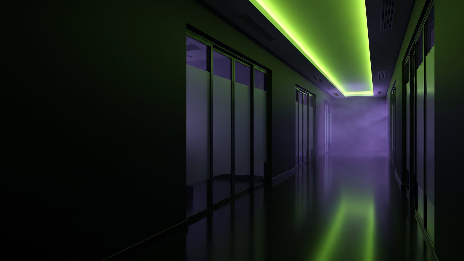 A modern wellness clinic hallway at night with frosted glass doors and a green light line along the ceiling.