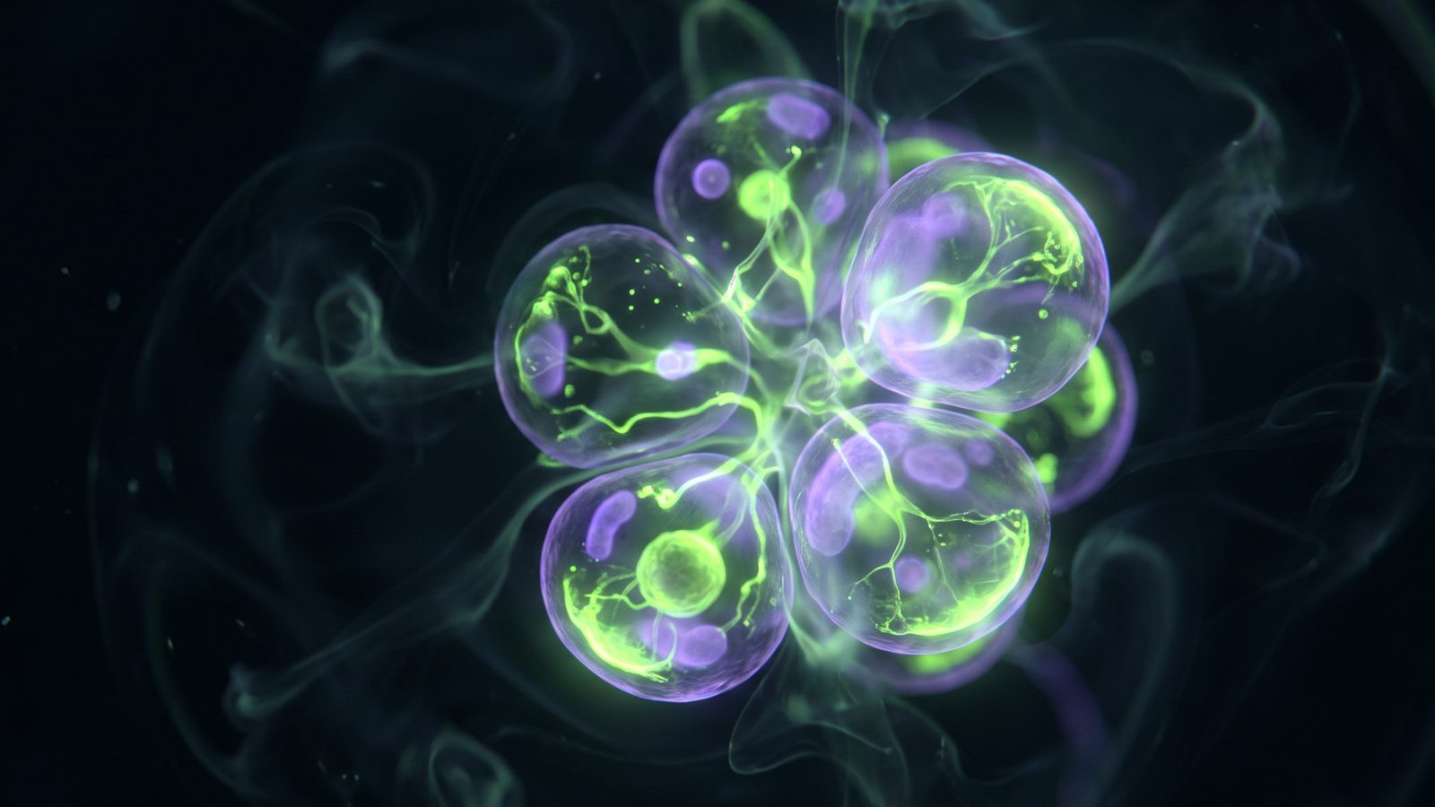 Glowing translucent cells suspended in dark liquid, green bioluminescence with violet highlights.