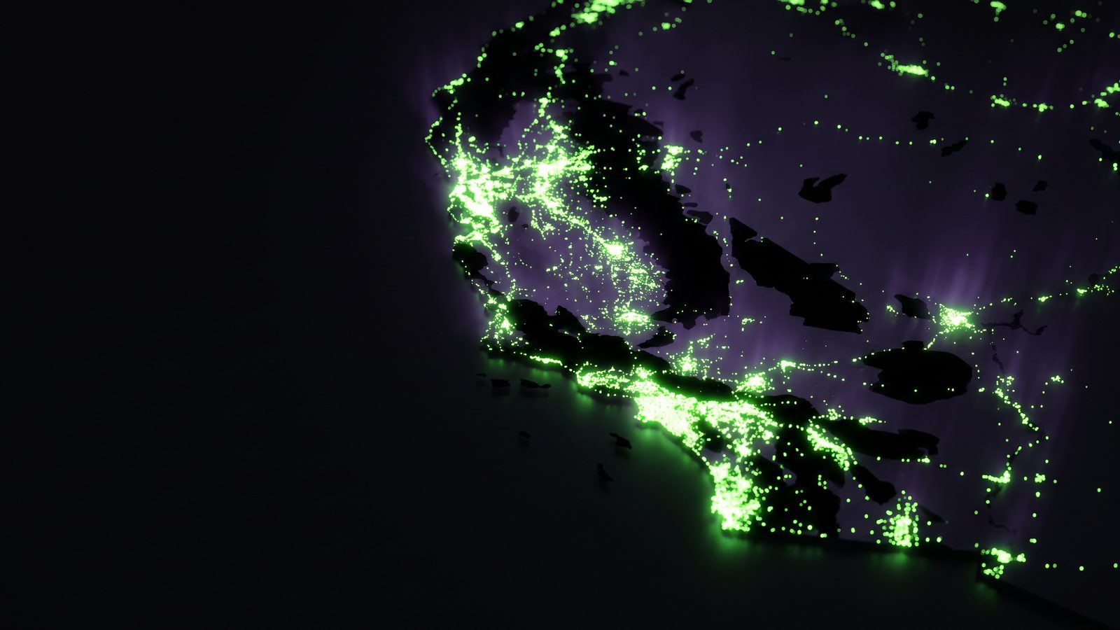A map of California made of points of light, mostly glowing green, with dark gaps where points are missing.