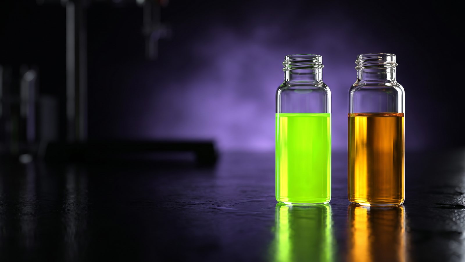 Two unlabelled glass vials on a dark lab bench, one glowing amber and one glowing green, a choice between two.