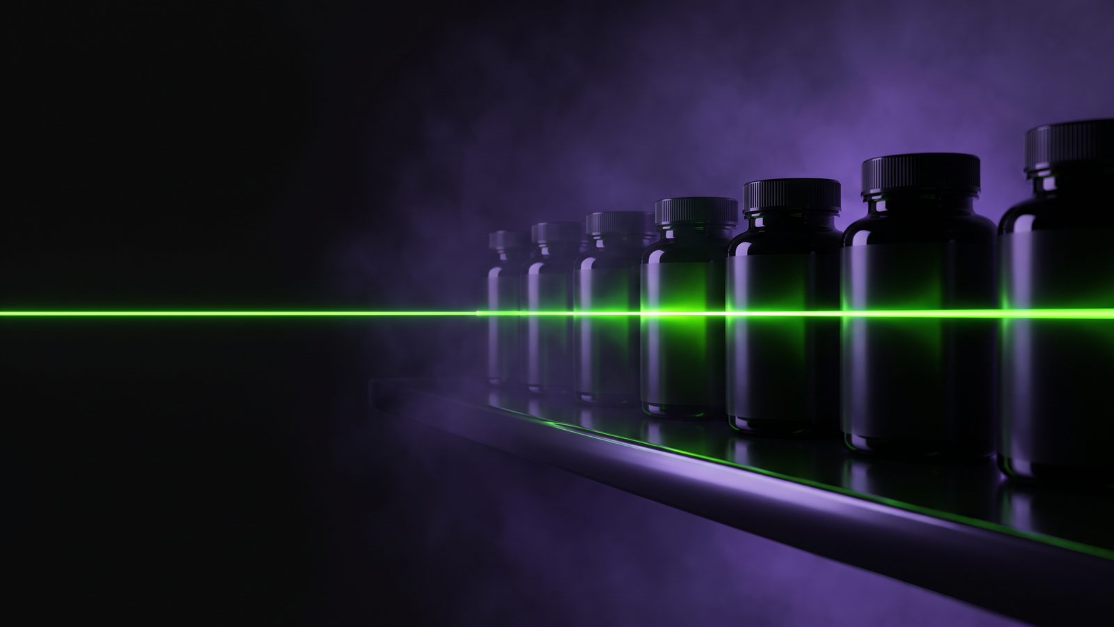 Seven unlabelled supplement bottles on a dark shelf, a green scanning line passing through all of them.