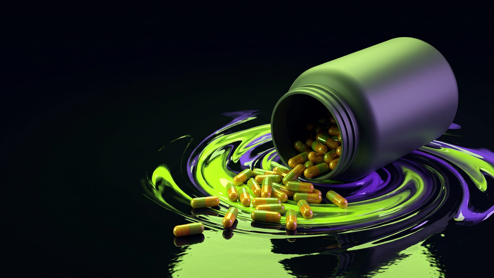 An unlabelled supplement tub spilling capsules into a swirl of green and violet liquid paint.