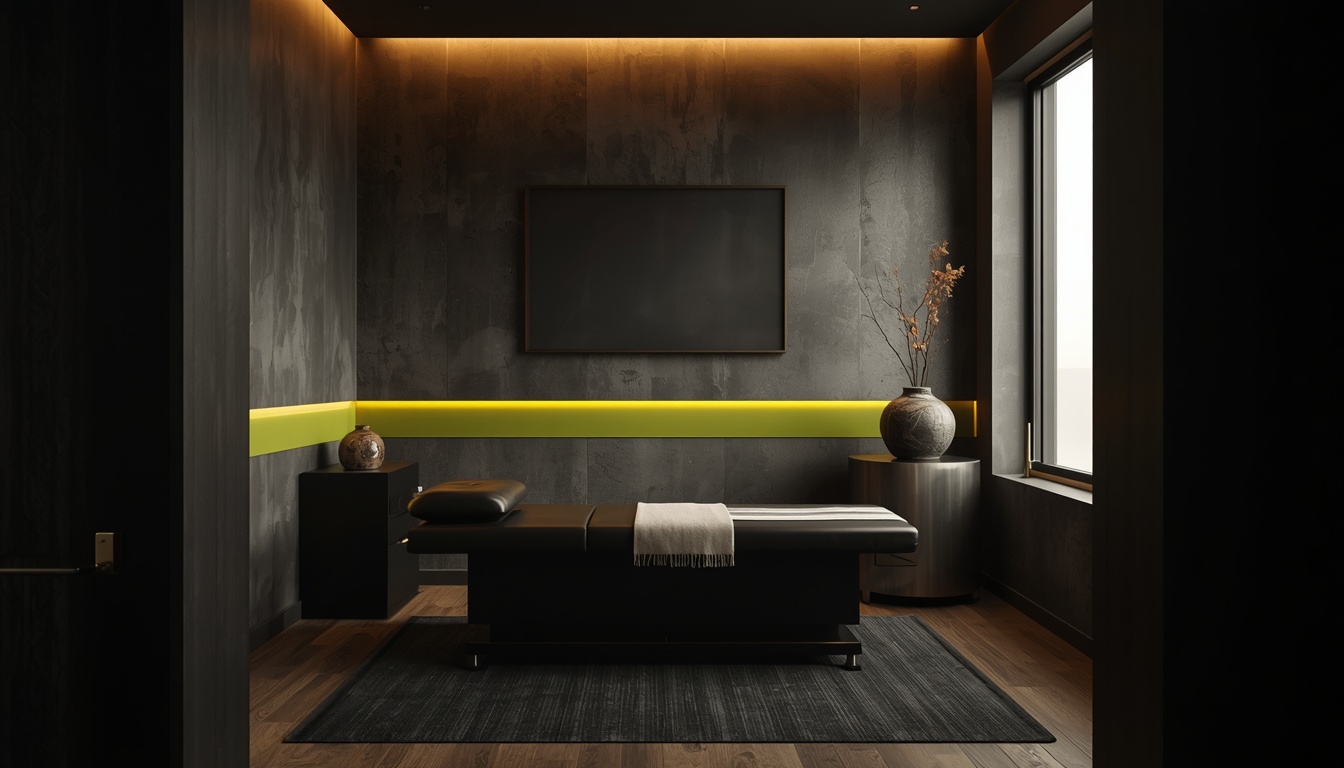 The same clinic treatment room fully art directed with warm light, matte black surfaces and a single lime accent