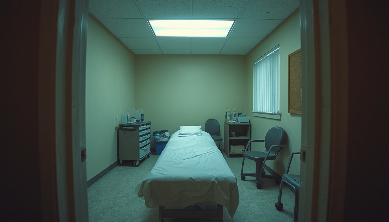 A generic, unstyled clinic treatment room under flat fluorescent light