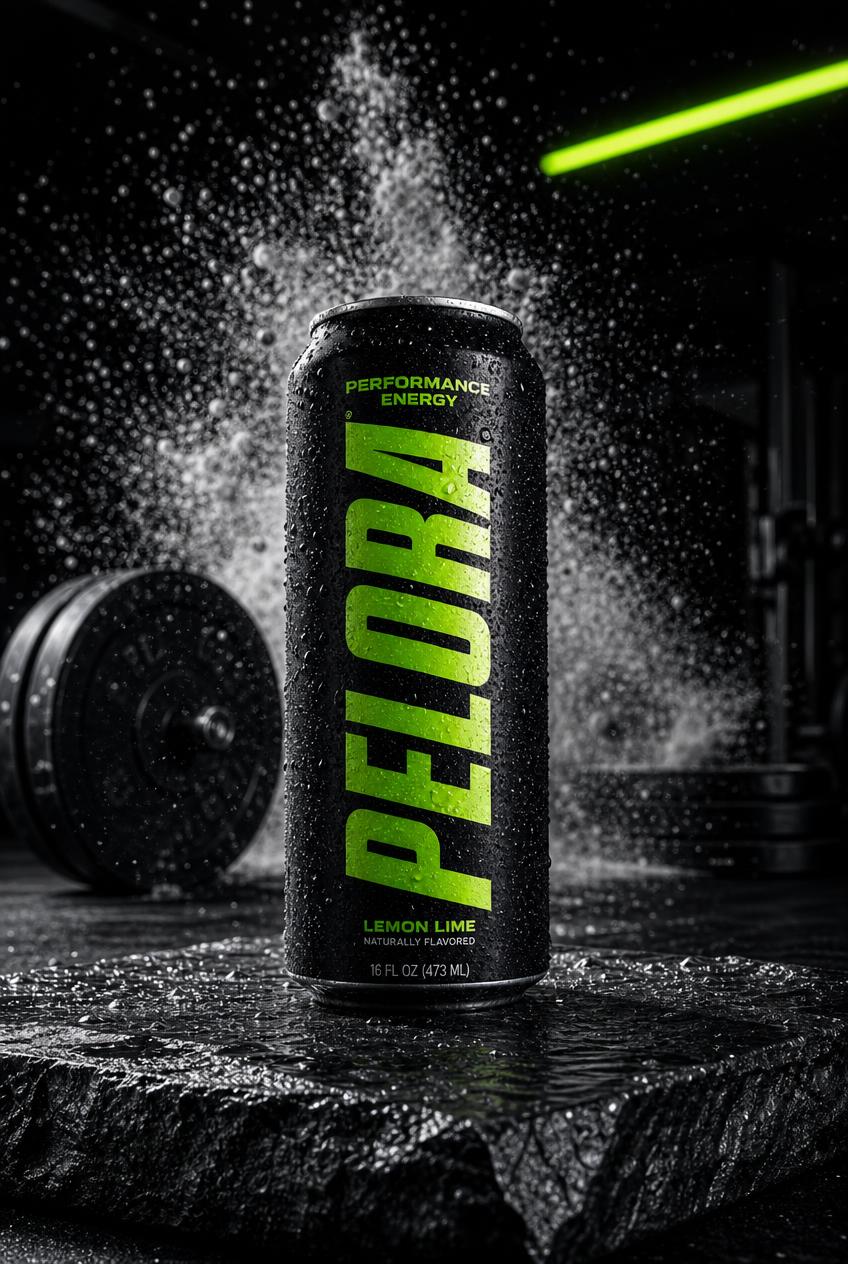 PELORA branded performance energy can concept, athlete brand direction