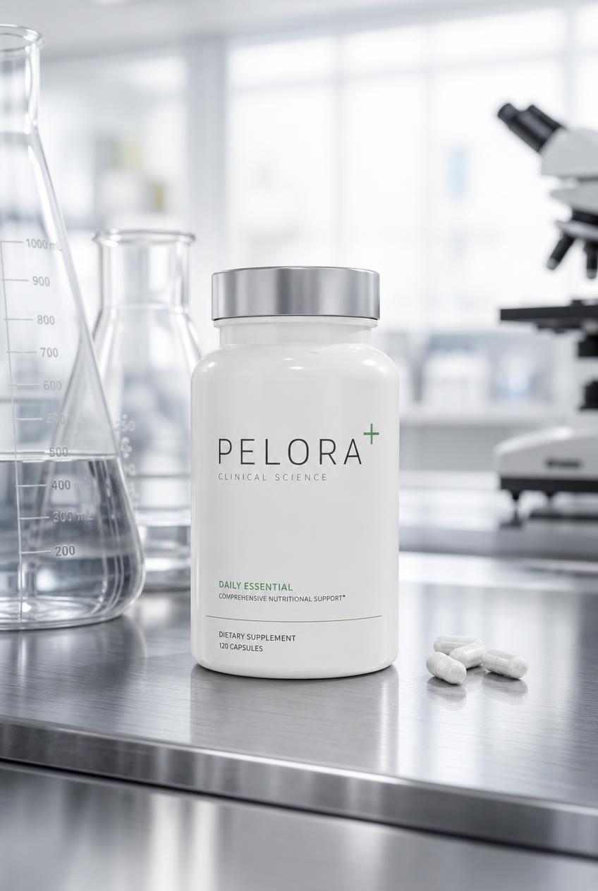 PELORA branded product concept, Clinical Science brand direction. Thin sans-serif, white + silver, one green accent.