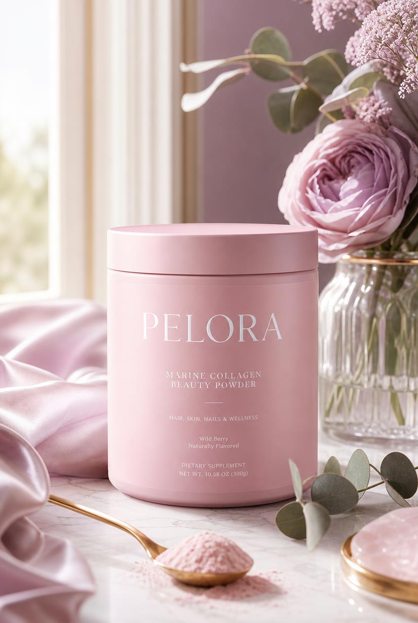 PELORA branded product concept, Feminine Wellness brand direction. High-contrast serif, blush + lavender + cream.
