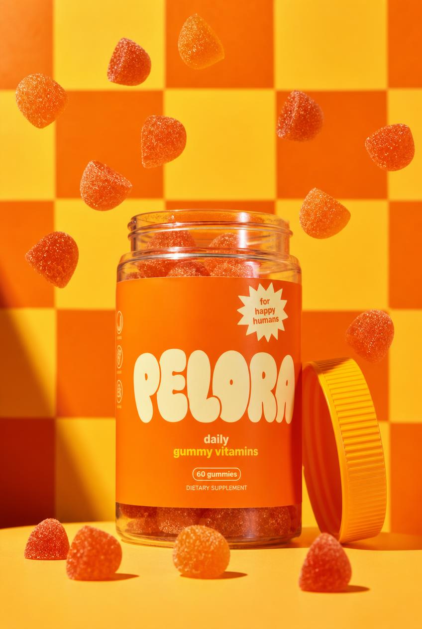 PELORA branded product concept, Playful Gen Z brand direction. Chunky bubble type, tangerine + butter yellow.