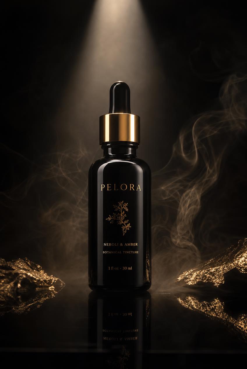 PELORA branded product concept, Ultra Premium brand direction. Thin gold serif, black glass, gold foil.