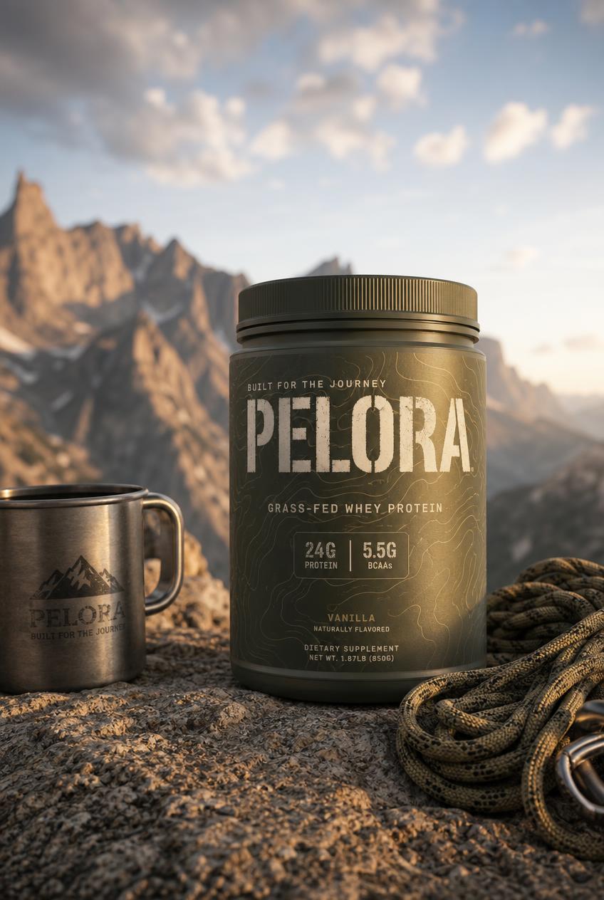 PELORA branded product concept, Rugged Outdoor brand direction. Stencil type, olive + tan + charcoal, topographic detail.