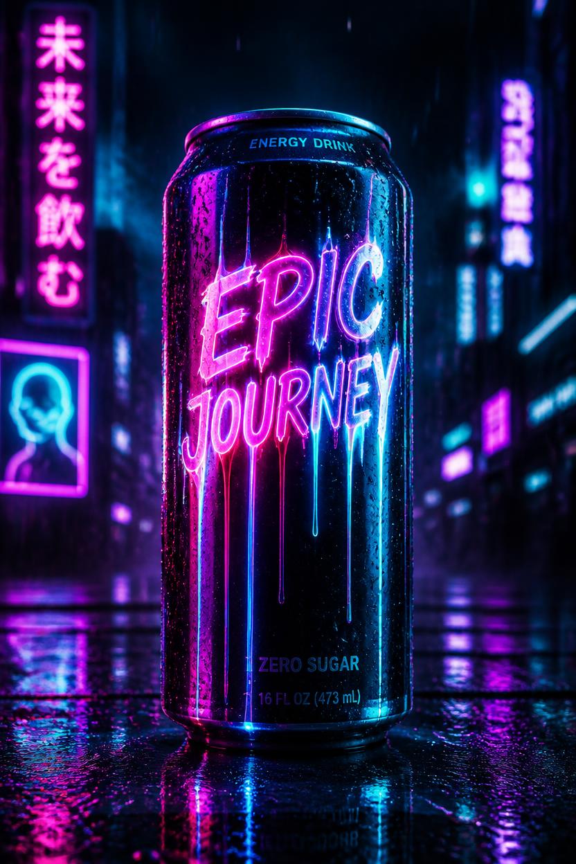 Concept energy drink can lit in neon on wet asphalt