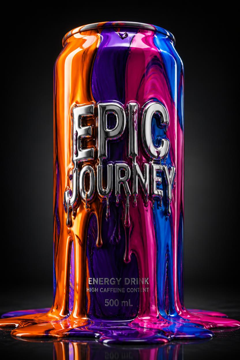 Concept energy drink can, chrome logo dissolving into four colour liquid