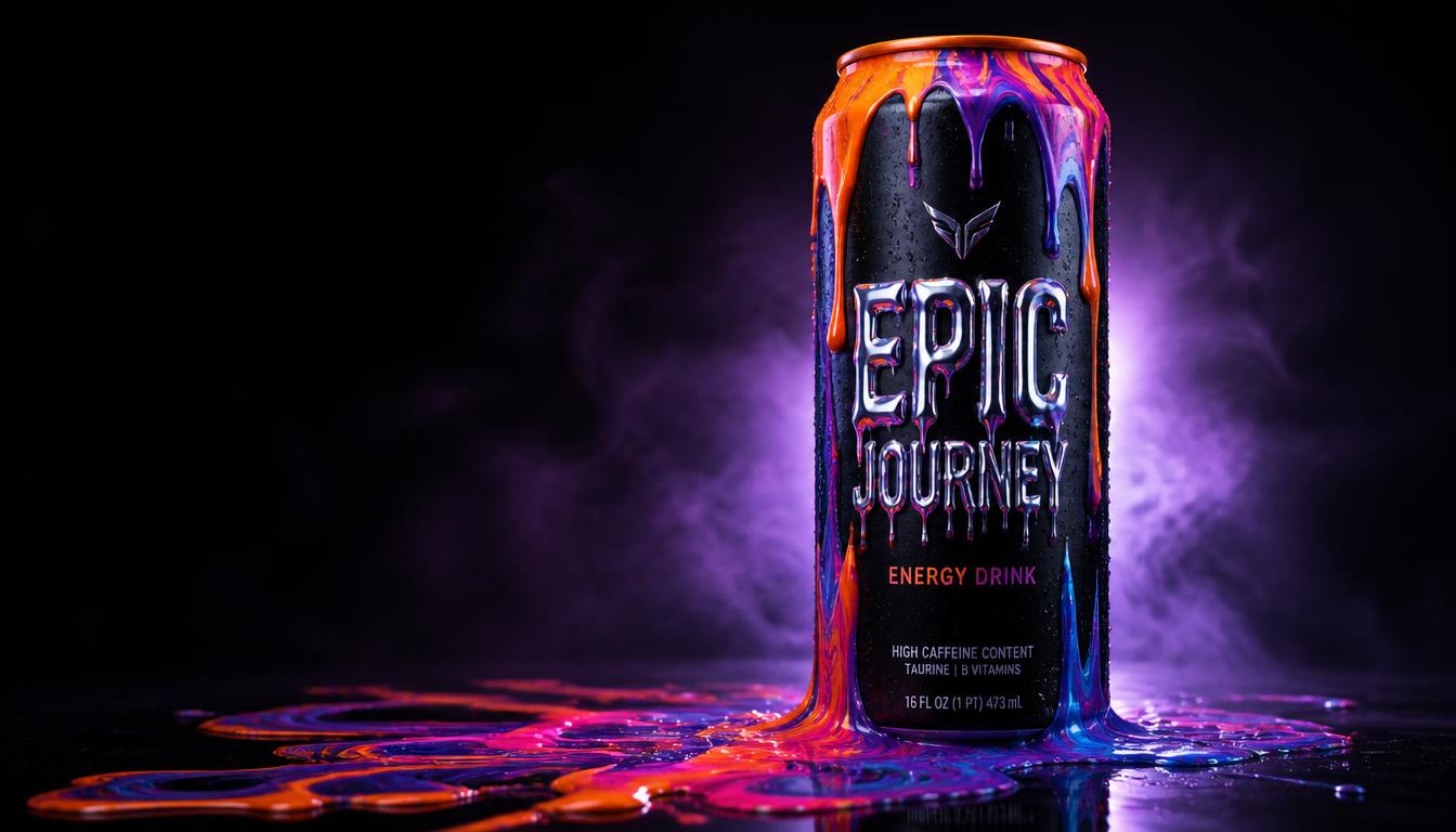 Concept energy drink can with molten colour pouring down it, art directed by PELORA Marketing