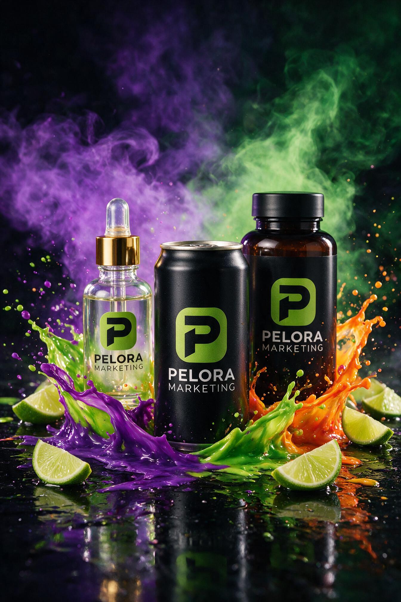 Product marketing creative by PELORA: PELORA-branded can, serum, and supplement trio, an example of putting a brand's own logo on a product mockup