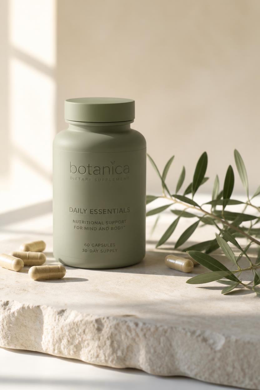 Supplements product marketing creative by PELORA: capsule bottle and label system