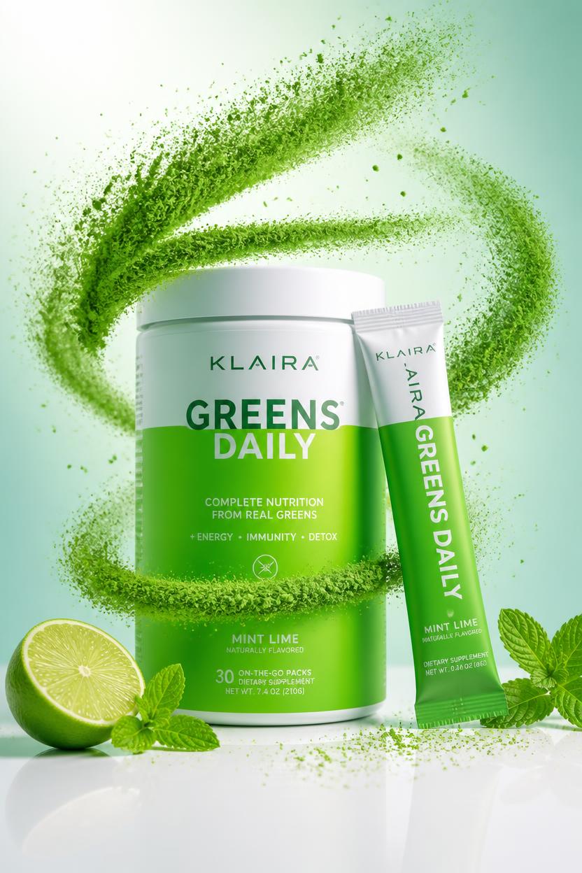 Greens powder product marketing creative by PELORA: tub, scoop and lifestyle still