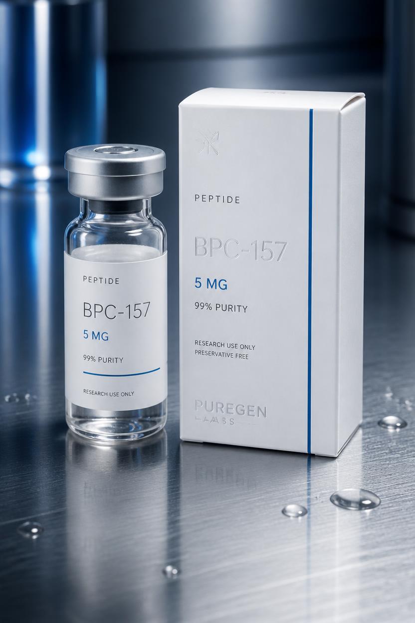 Peptide product marketing creative by PELORA: clinical vial and packaging render