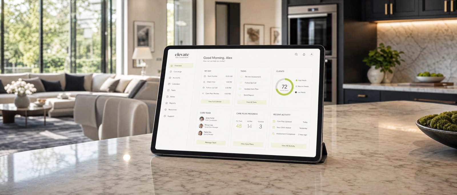 Concierge nursing marketing research and analytics on a screen in a premium minimalist office. PELORA Marketing.