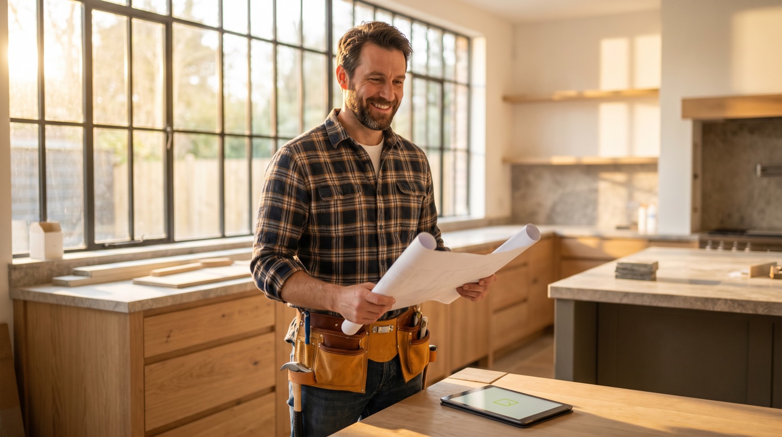 General contractor reviewing plans in a finished kitchen remodel, PELORA marketing for home builders and remodeling contractors
