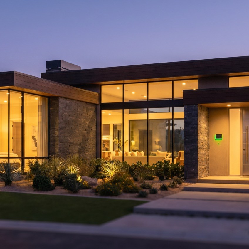 Modern custom home at dusk with a lit interior, concept render by PELORA