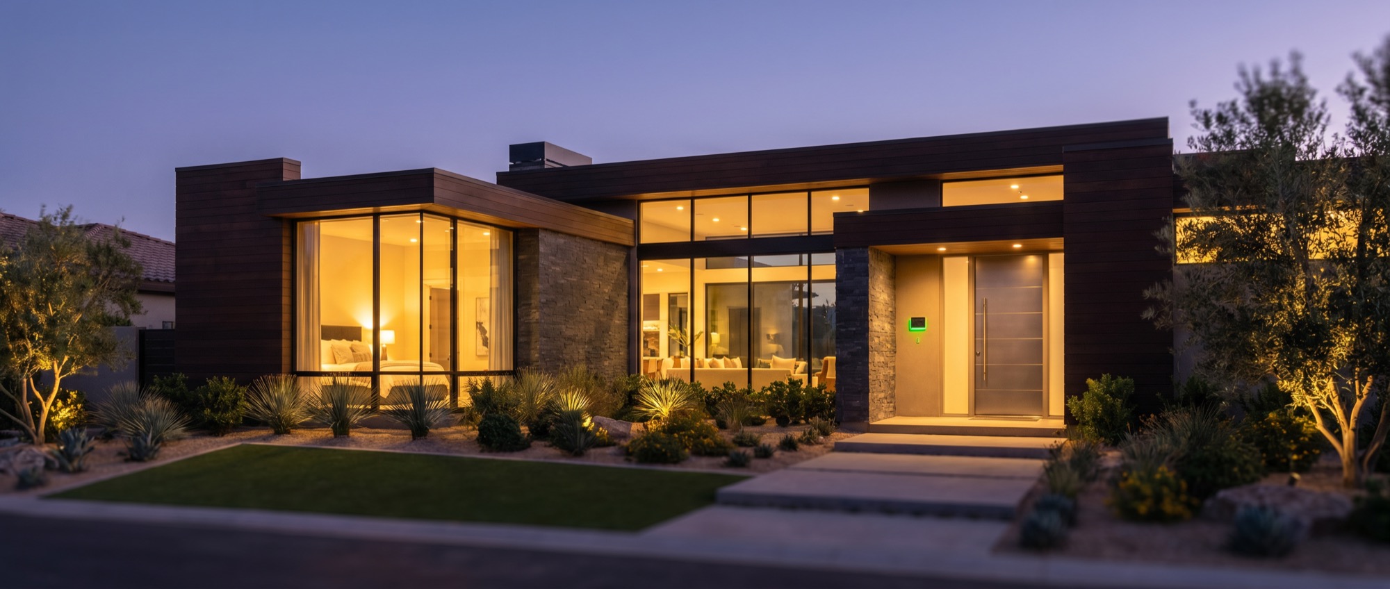 A premium custom home at dusk. PELORA Marketing construction and remodeling research.