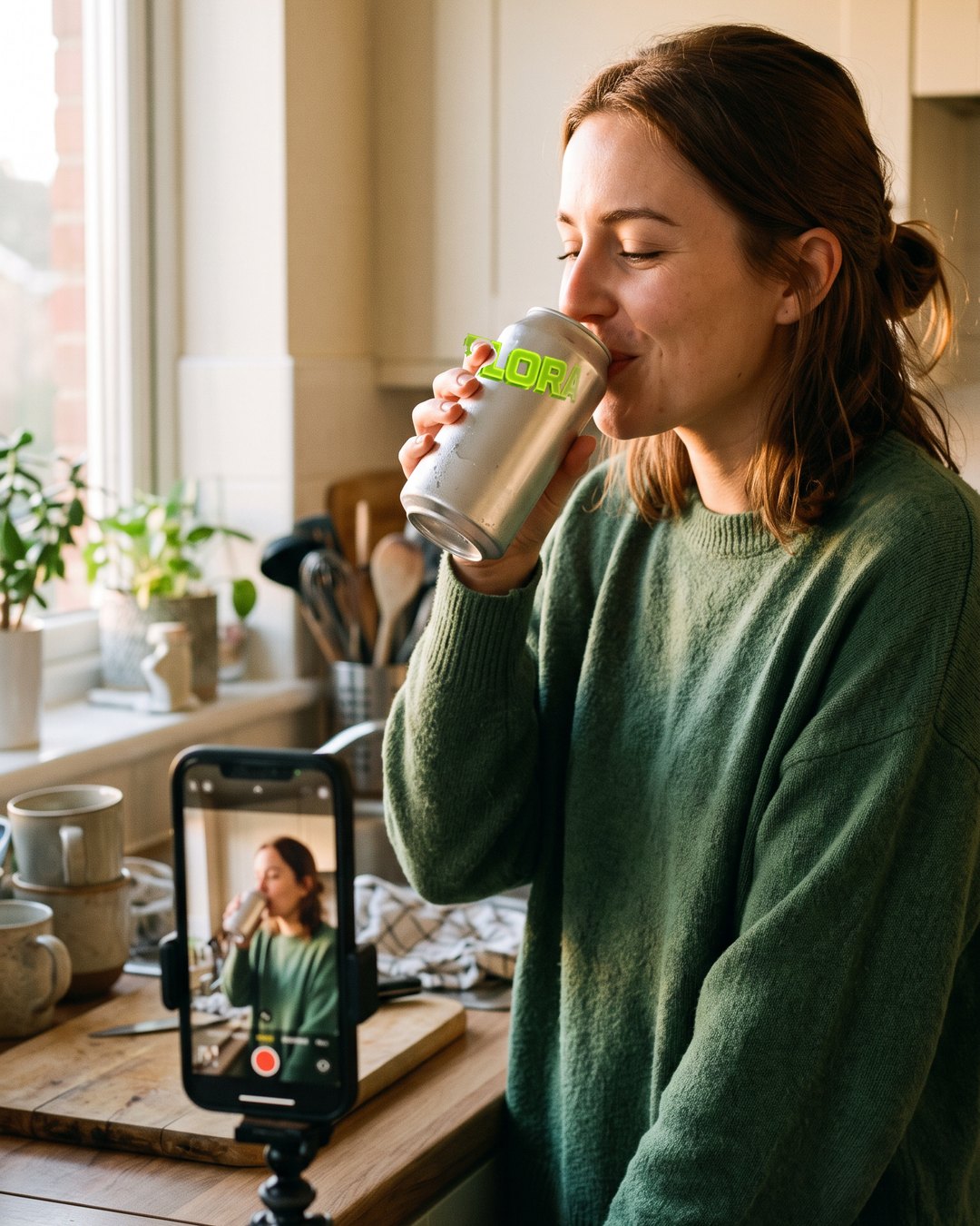 Woman taking a first sip in a sunlit kitchen, phone on a tripod filming